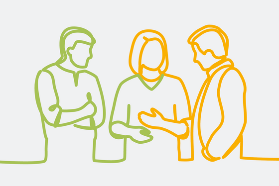 Grafische Darstellung von drei nebeneinander stehenden Personen im Gespräch als orange-grüne Bändergrafik, Wohnen im Alter, Seniorenresidenz, Altenheim, Pflege, Hamburg und Umgebung, Feierabendhaus Volksdorf, Hamburg-Volksdorf Grafische Darstellung von drei nebeneinander stehenden Personen im Gespräch als orange-grüne Bändergrafik
