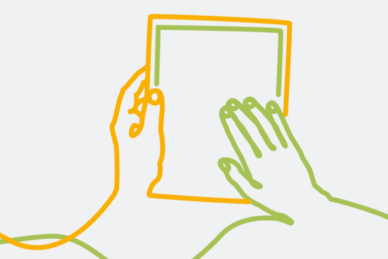 Grafische Darstellung von zwei Händen mit einem Dokument als orange-grüne Bändergrafik, Wohnen im Alter, Seniorenresidenz, Altenheim, Pflege, Hamburg und Umgebung, Feierabendhaus Volksdorf, Hamburg-Volksdorf Grafische Darstellung von zwei Händen mit einem Dokument als orange-grüne Bändergrafik