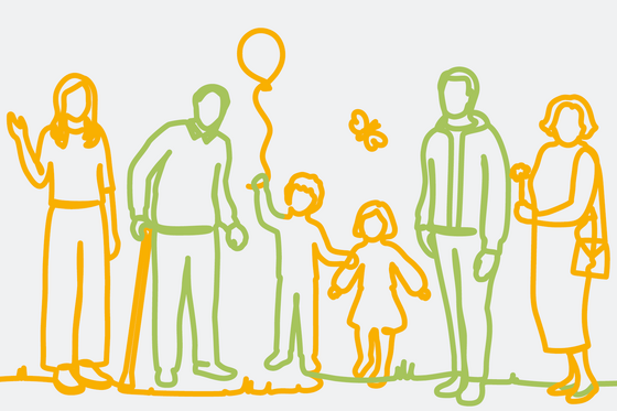 Grafische Darstellung mehrerer jüngerer und älterer Personen bei einem Familienausflug als Bändergrafik, Wohnen im Alter, Seniorenresidenz, Altenheim, Pflege, Hamburg und Umgebung, Feierabendhaus Volksdorf, Hamburg-Volksdorf Grafische Darstellung mehrerer jüngerer und älterer Personen bei einem Familienausflug als Bändergrafik